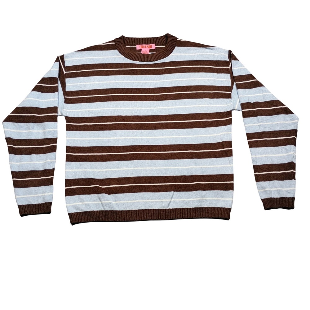 Coco & Shay Sweater Womens L Striped Crewneck Brown Blue Ribbed Trim Knit